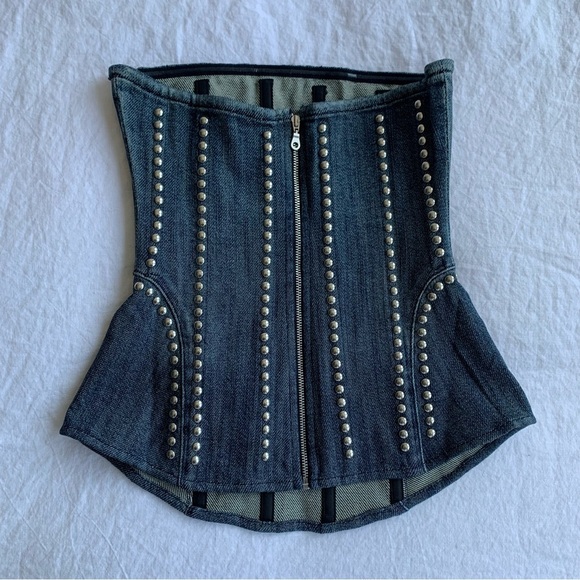 NWT Miaou Libra Stud Denim Jean Cotton Strapless Corset Bustier Top Duran Silver - Picture 8 of 10